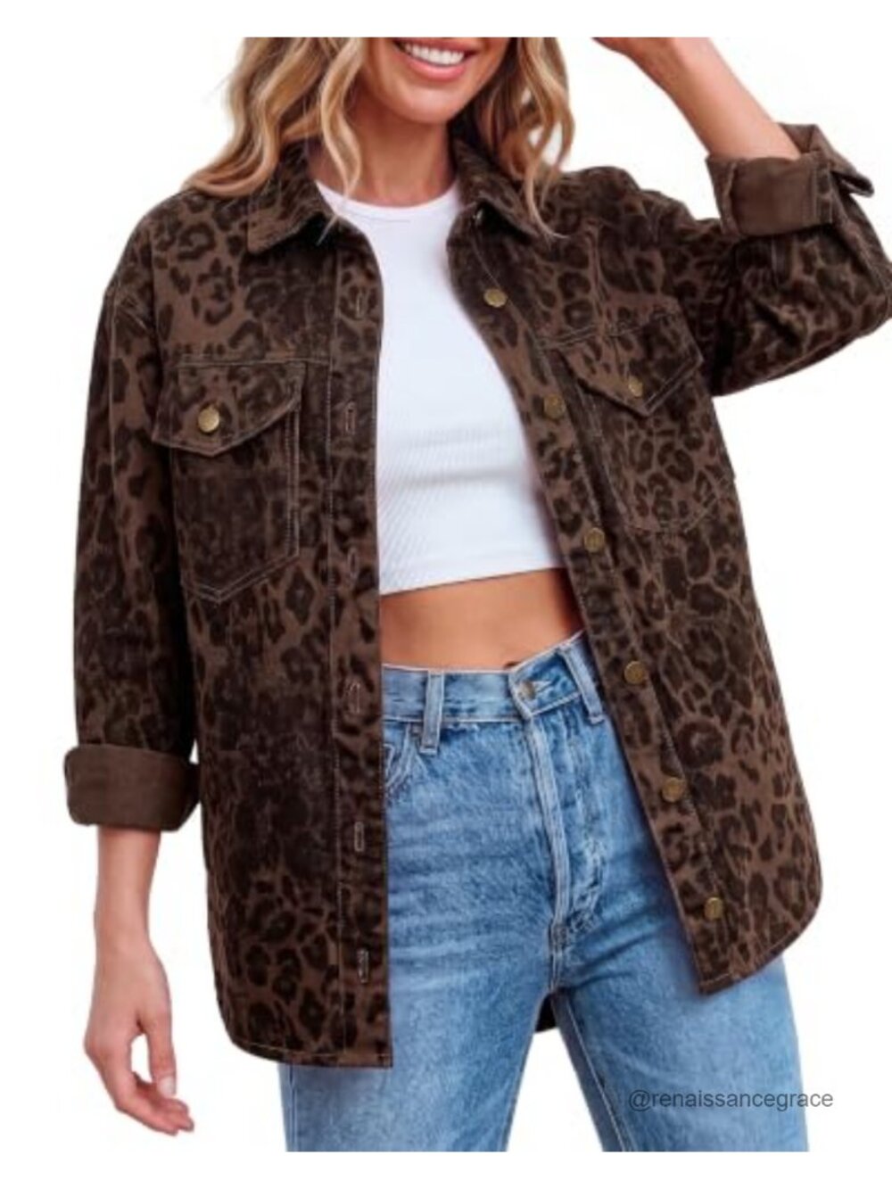 Oversized Cheetah Print Denim Jacket Button Down Long Sleeve Cotton Shacket